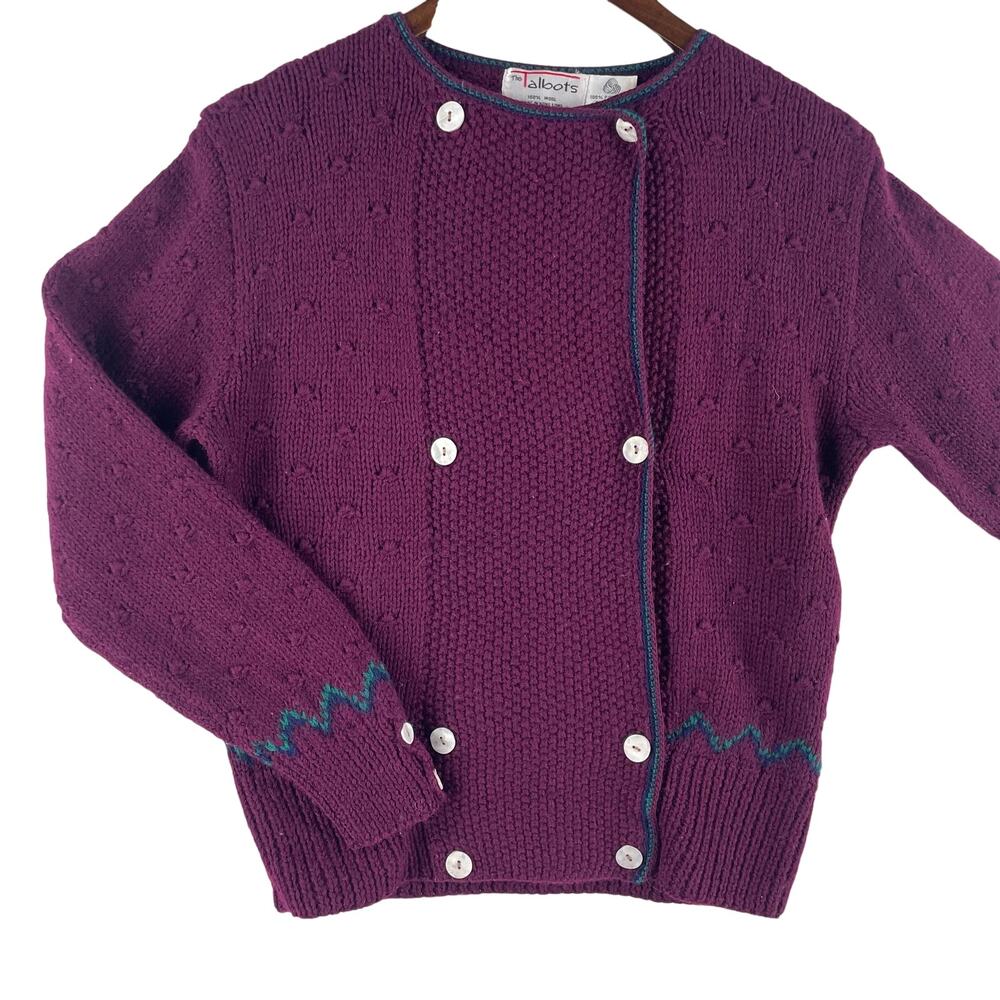 The Talbots Womens Vintage Cardigan M Burgundy Pointelle 100% Wool Hong Kong